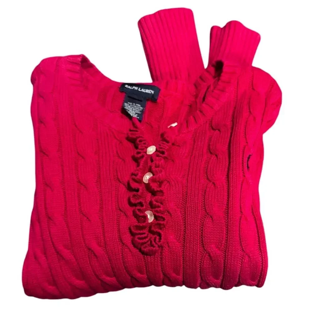 Girls Ralph Lauren POLO Pink Cable Knit Ruffle Front Sweater Top Size L (12/14)